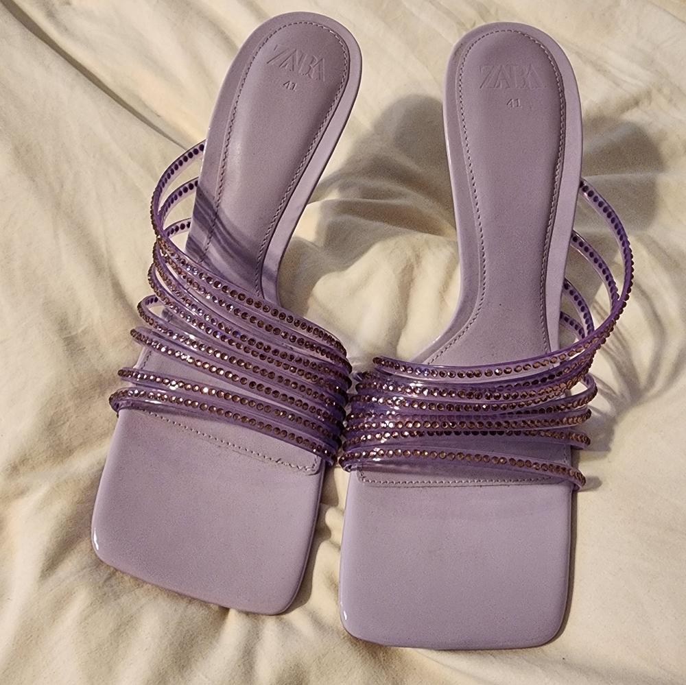 Zara lavender rhinestone strap square toe mules